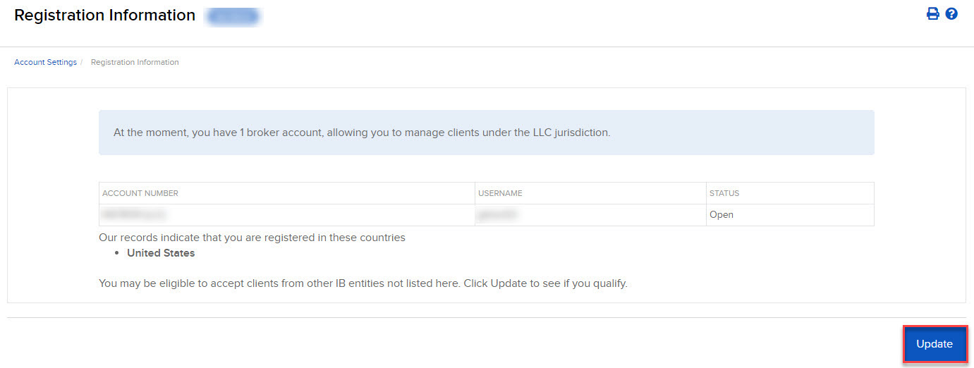 The registration information panel in broker portal. 